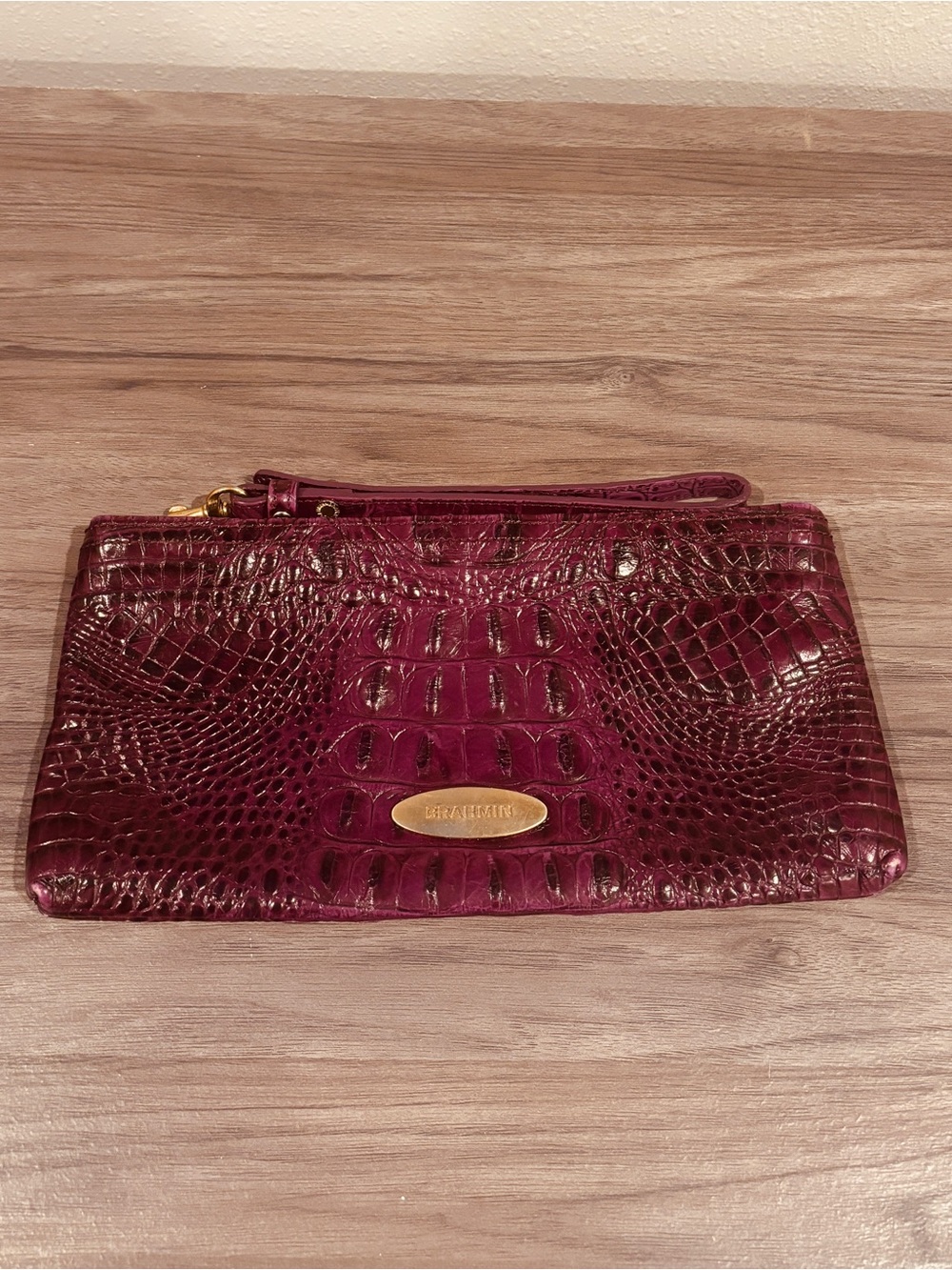 Brahmin Plum Croc-Embossed Leather Wristlet with Gold Hardware